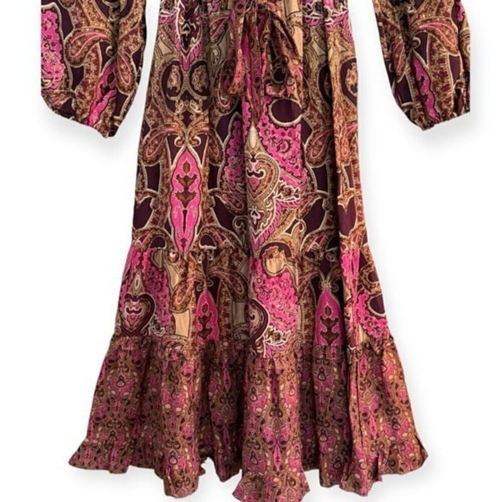 A LOVES A Paisley Printed Ruffled Linen V-Neck Maxi Dress Bohemian Size M NEW - Picture 4 of 10